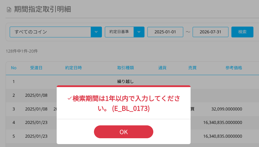 BITPOINT のエラーダイアログ。検索期間は1年以内で入力してくださいと表示されている